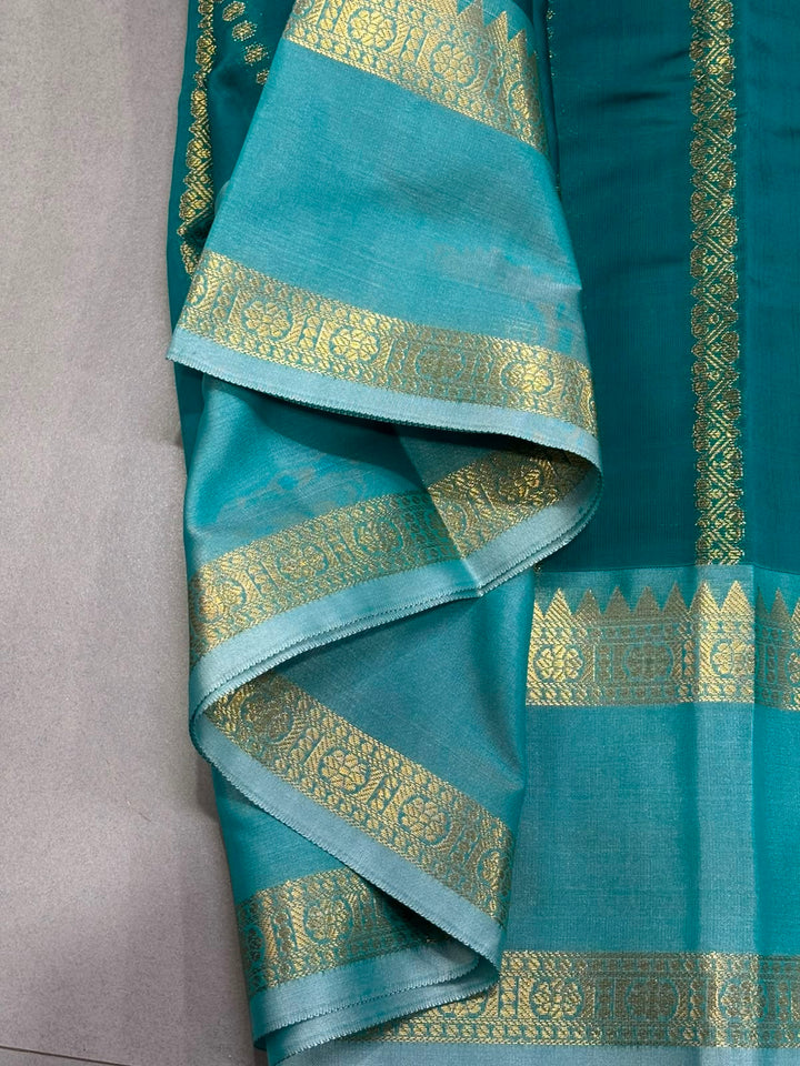 Green Kanjivaram Soft Semi Silk Saree with Ornate Zari Stripes and Rettaipet Zari Border | SHOBITAM