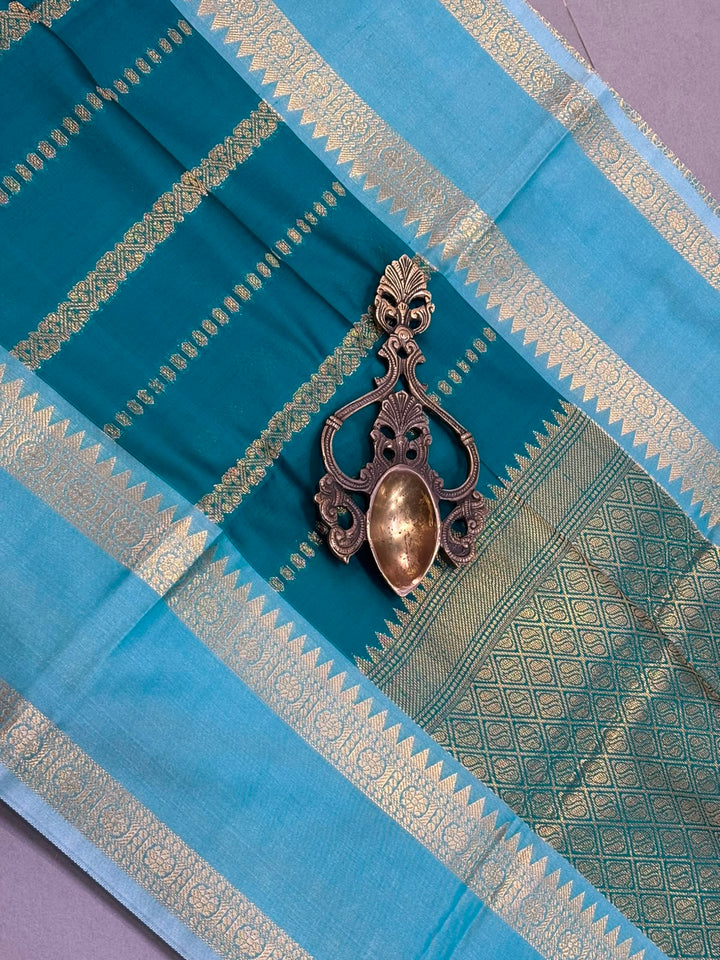 Green Kanjivaram Soft Semi Silk Saree with Ornate Zari Stripes and Rettaipet Zari Border | SHOBITAM