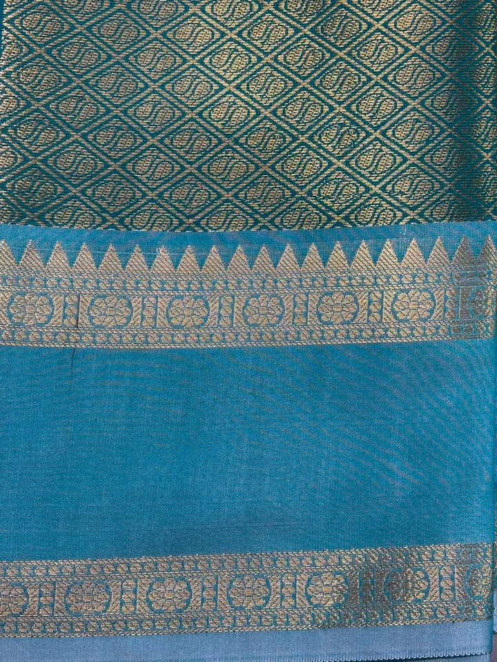 Green Kanjivaram Soft Semi Silk Saree with Ornate Zari Stripes and Rettaipet Zari Border | SHOBITAM