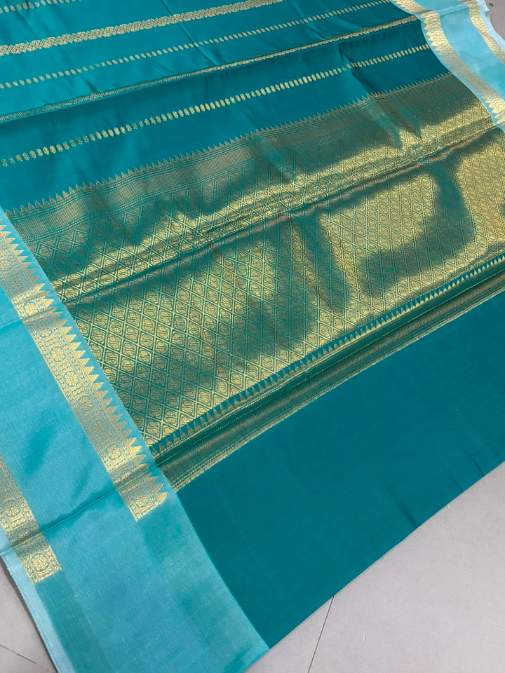 Green Kanjivaram Soft Semi Silk Saree with Ornate Zari Stripes and Rettaipet Zari Border | SHOBITAM