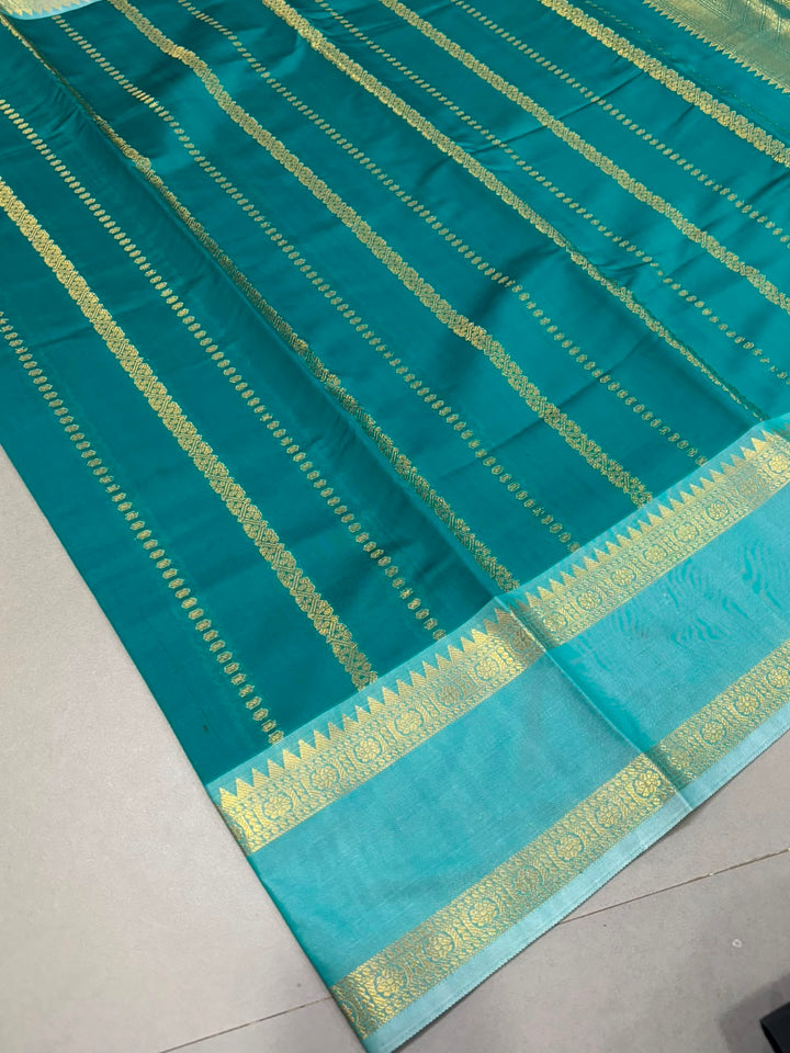 Green Kanjivaram Soft Semi Silk Saree with Ornate Zari Stripes and Rettaipet Zari Border | SHOBITAM