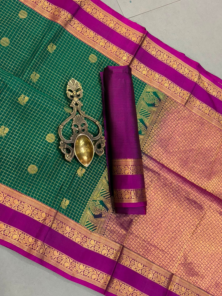 Forest Green Zari Buttas On Pure Kanjivaram  Saree with Podi-Kattam Zari Checks and Contrast Rettiapet Zari Border | SILK MARK CERTIFIED | SHOBITAM