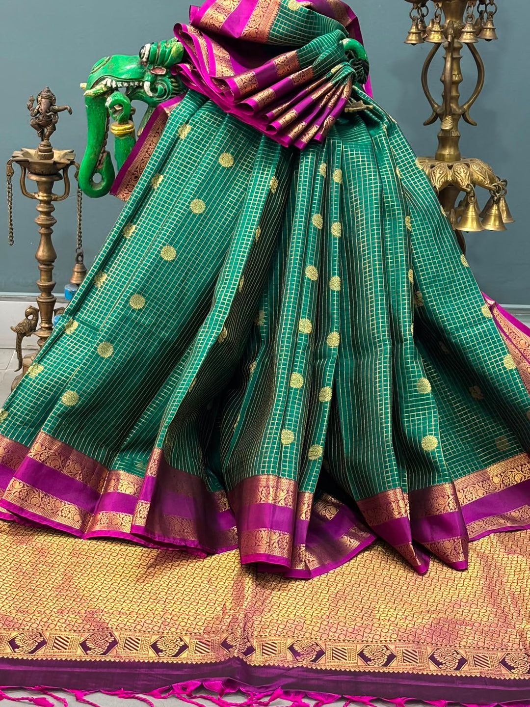 Forest Green Zari Buttas On Pure Kanjivaram  Saree with Podi-Kattam Zari Checks and Contrast Rettiapet Zari Border | SILK MARK CERTIFIED | SHOBITAM