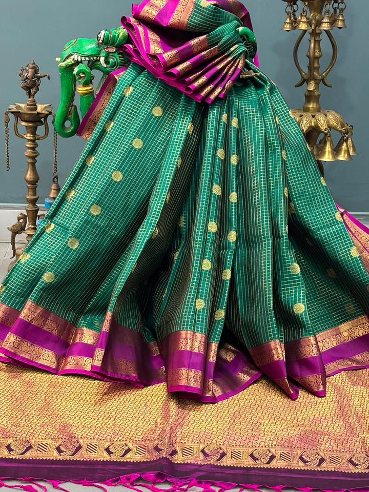 Forest Green Zari Buttas On Pure Kanjivaram  Saree with Podi-Kattam Zari Checks and Contrast Rettiapet Zari Border | SILK MARK CERTIFIED | SHOBITAM