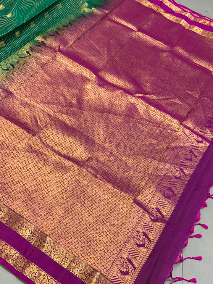 Forest Green Zari Buttas On Pure Kanjivaram  Saree with Podi-Kattam Zari Checks and Contrast Rettiapet Zari Border | SILK MARK CERTIFIED | SHOBITAM