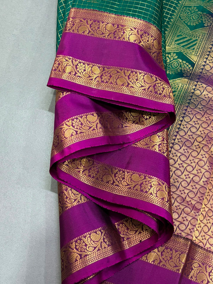 Forest Green Zari Buttas On Pure Kanjivaram  Saree with Podi-Kattam Zari Checks and Contrast Rettiapet Zari Border | SILK MARK CERTIFIED | SHOBITAM