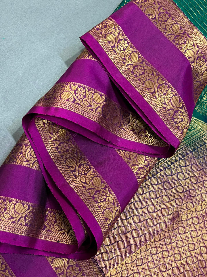 Forest Green Zari Buttas On Pure Kanjivaram  Saree with Podi-Kattam Zari Checks and Contrast Rettiapet Zari Border | SILK MARK CERTIFIED | SHOBITAM