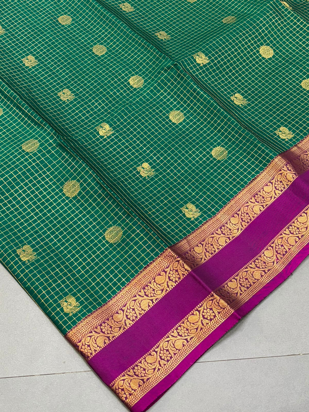 Forest Green Zari Buttas On Pure Kanjivaram  Saree with Podi-Kattam Zari Checks and Contrast Rettiapet Zari Border | SILK MARK CERTIFIED | SHOBITAM
