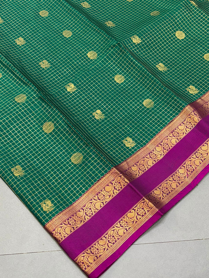 Forest Green Zari Buttas On Pure Kanjivaram  Saree with Podi-Kattam Zari Checks and Contrast Rettiapet Zari Border | SILK MARK CERTIFIED | SHOBITAM