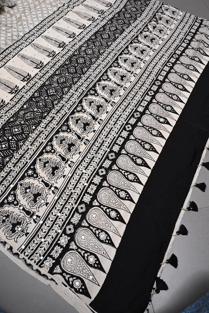 Off-White Hand Block Print on Modal Silk Saree with Hand Embellished Tikki Work  | SHOBITAM