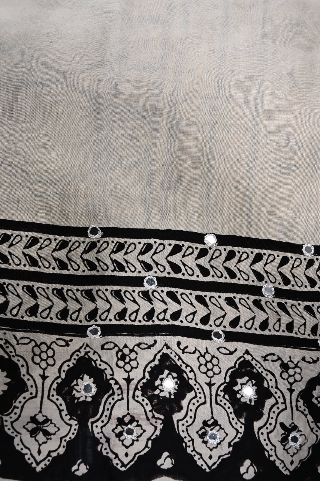 Off-White Hand Block Print on Modal Silk Saree with Hand Embellished Tikki Work  | SHOBITAM