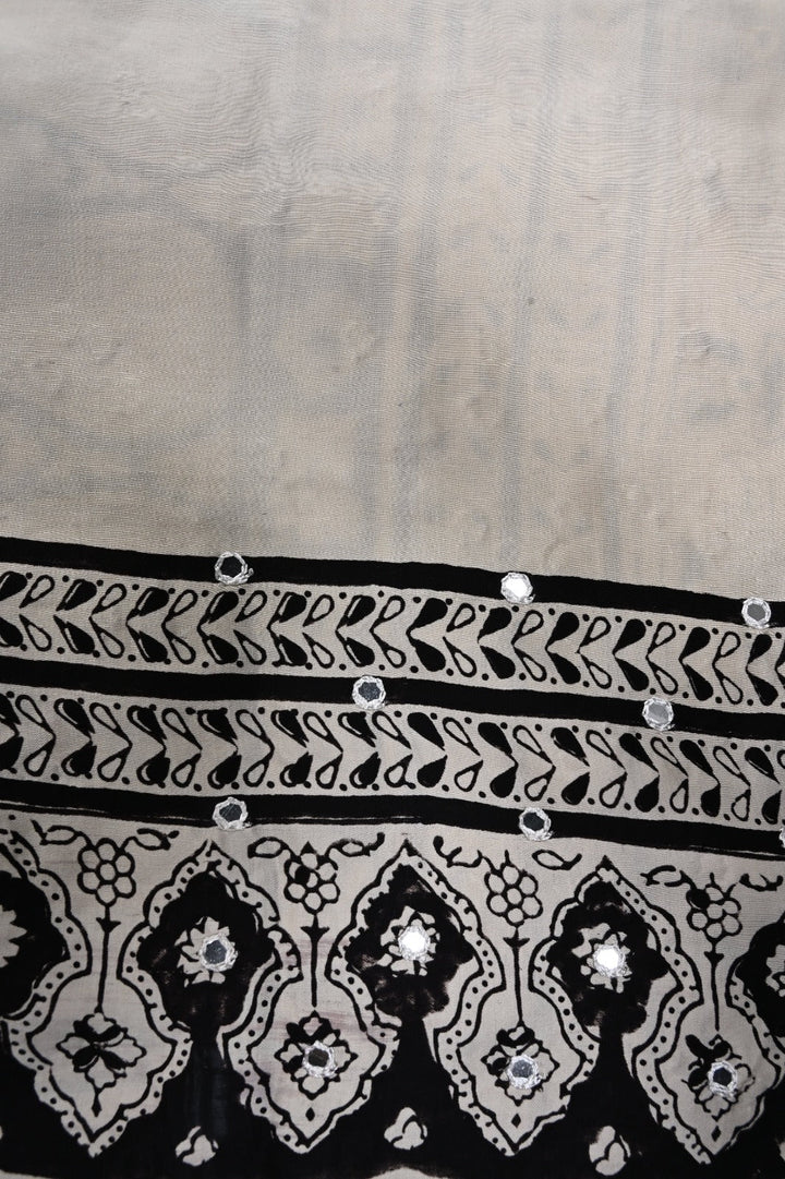 Off-White Hand Block Print on Modal Silk Saree with Hand Embellished Tikki Work  | SHOBITAM