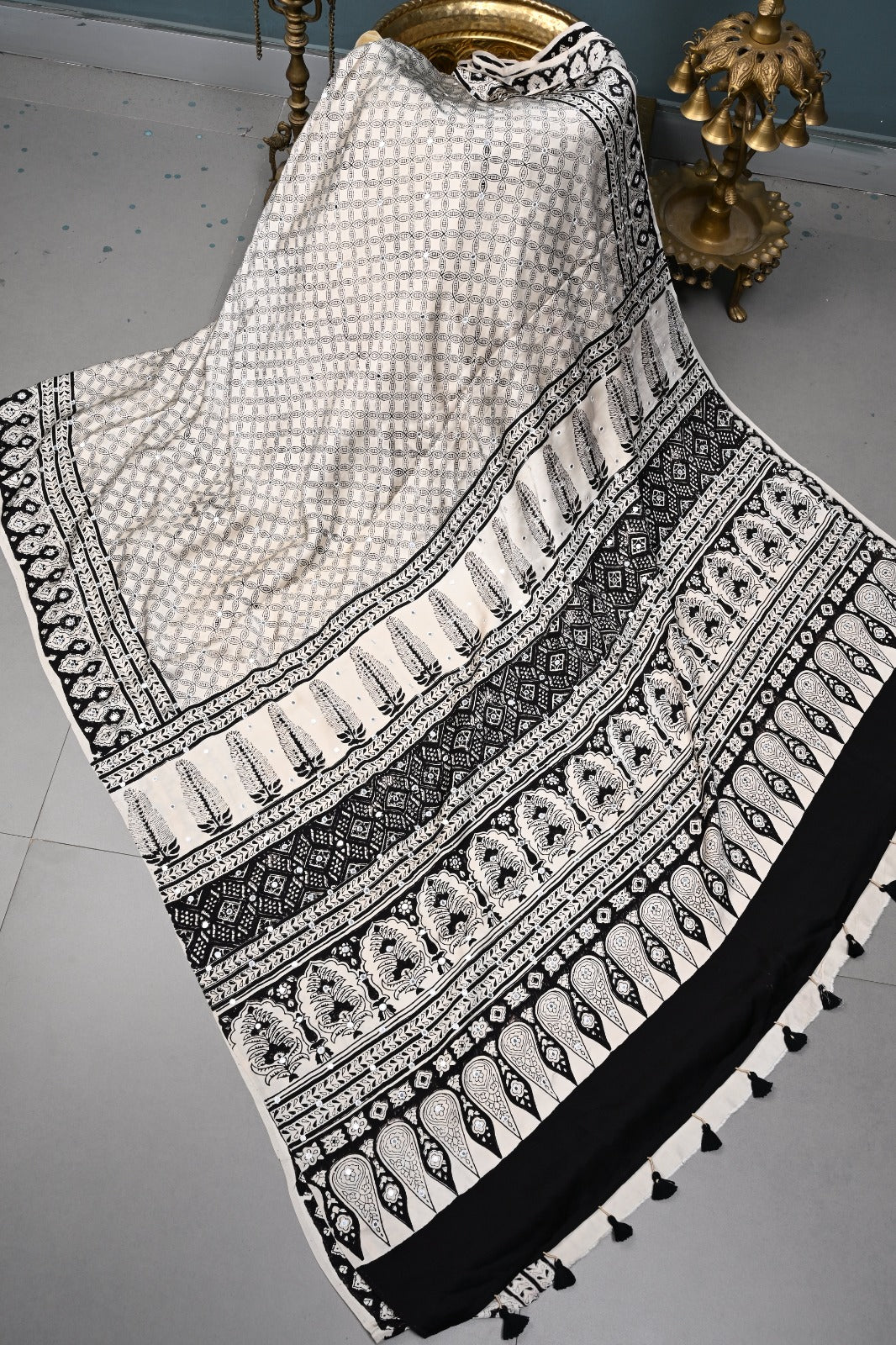 Off-White Hand Block Print on Modal Silk Saree with Hand Embellished Tikki Work  | SHOBITAM