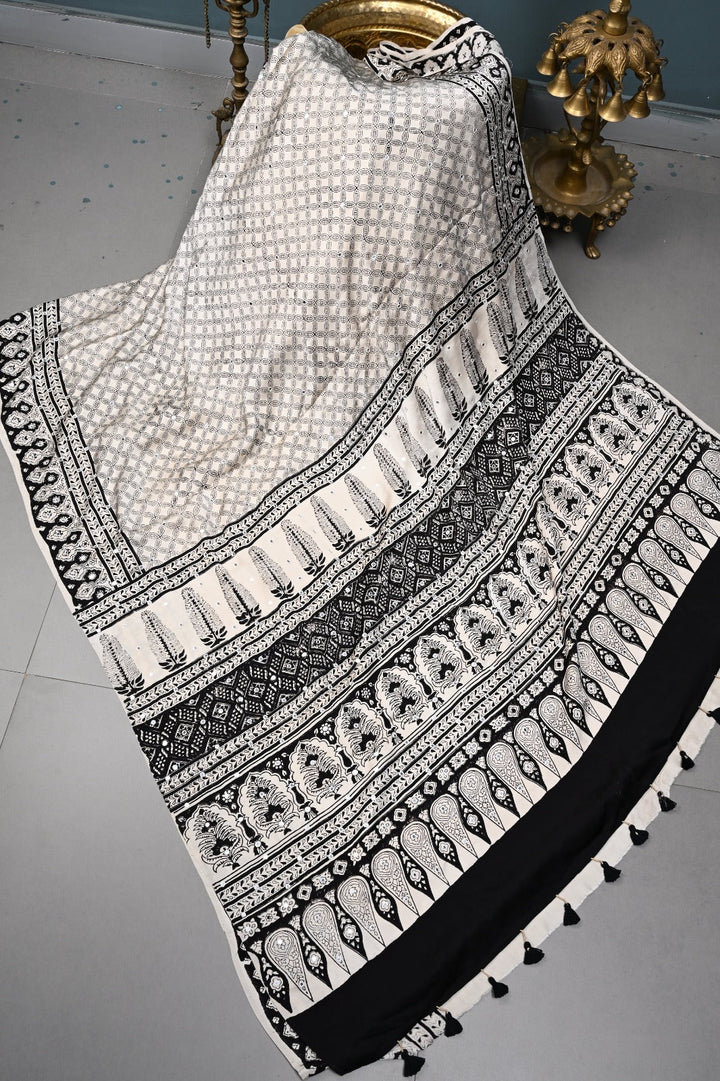 Off-White Hand Block Print on Modal Silk Saree with Hand Embellished Tikki Work  | SHOBITAM