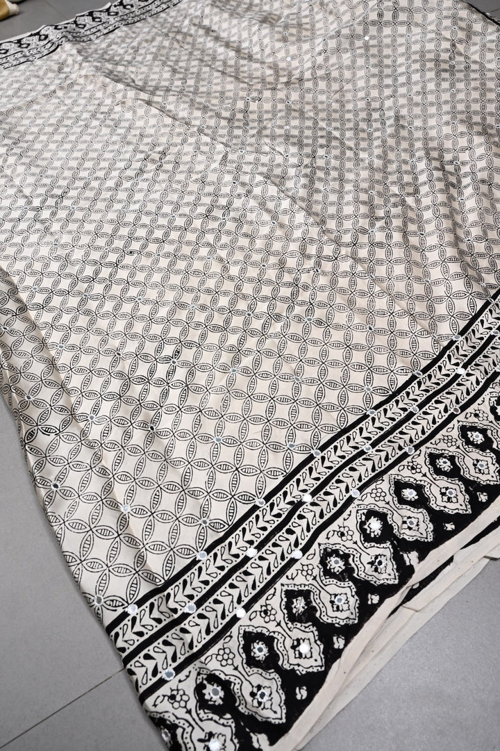 Off-White Hand Block Print on Modal Silk Saree with Hand Embellished Tikki Work  | SHOBITAM