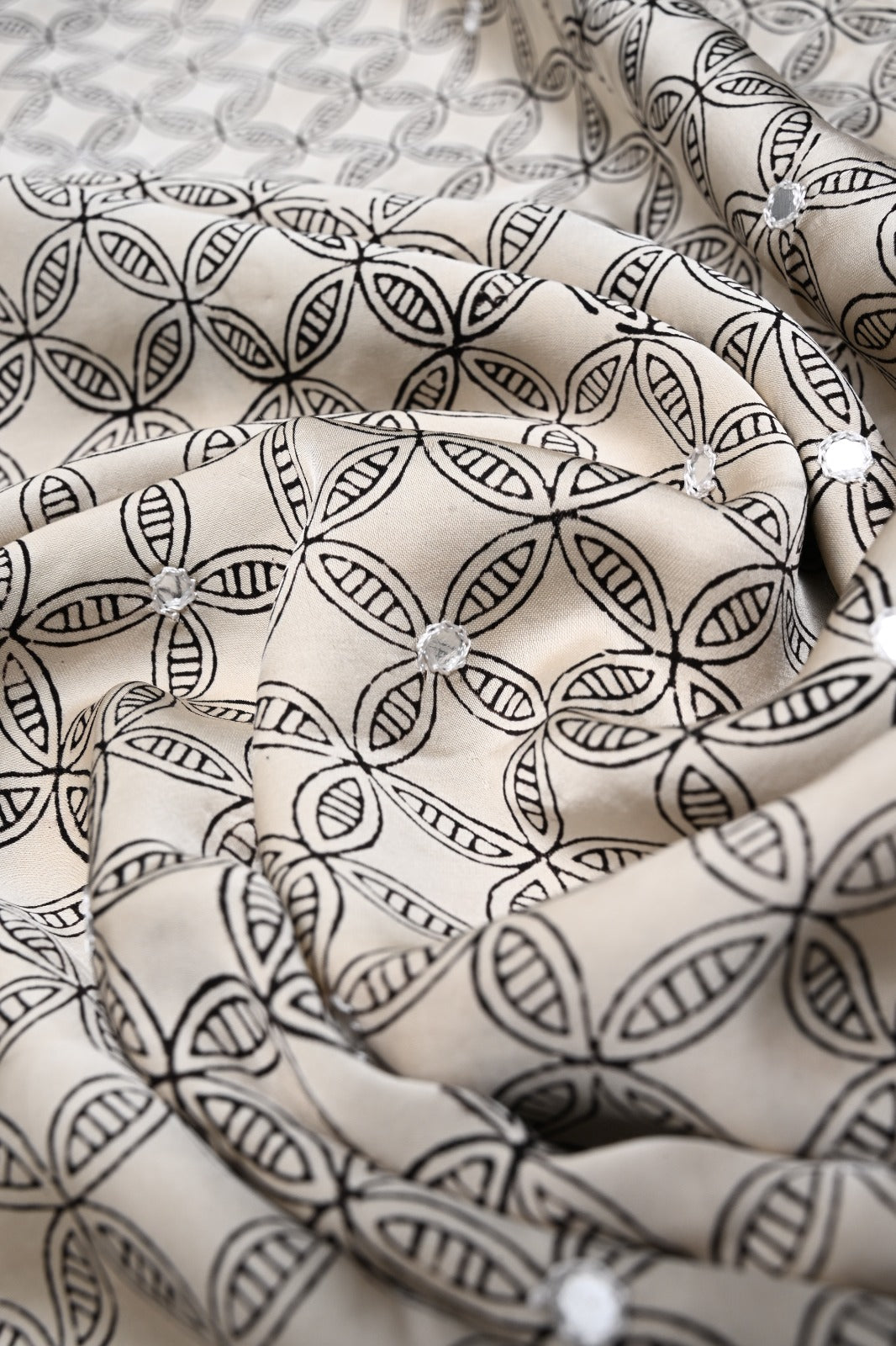 Off-White Hand Block Print on Modal Silk Saree with Hand Embellished Tikki Work  | SHOBITAM