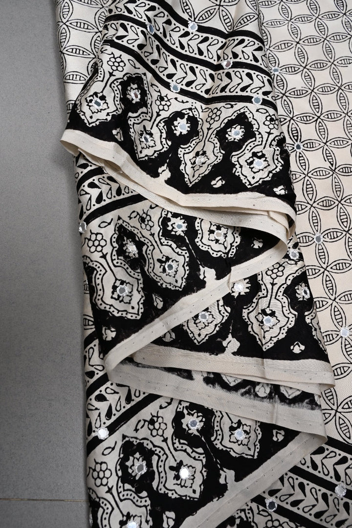 Off-White Hand Block Print on Modal Silk Saree with Hand Embellished Tikki Work  | SHOBITAM