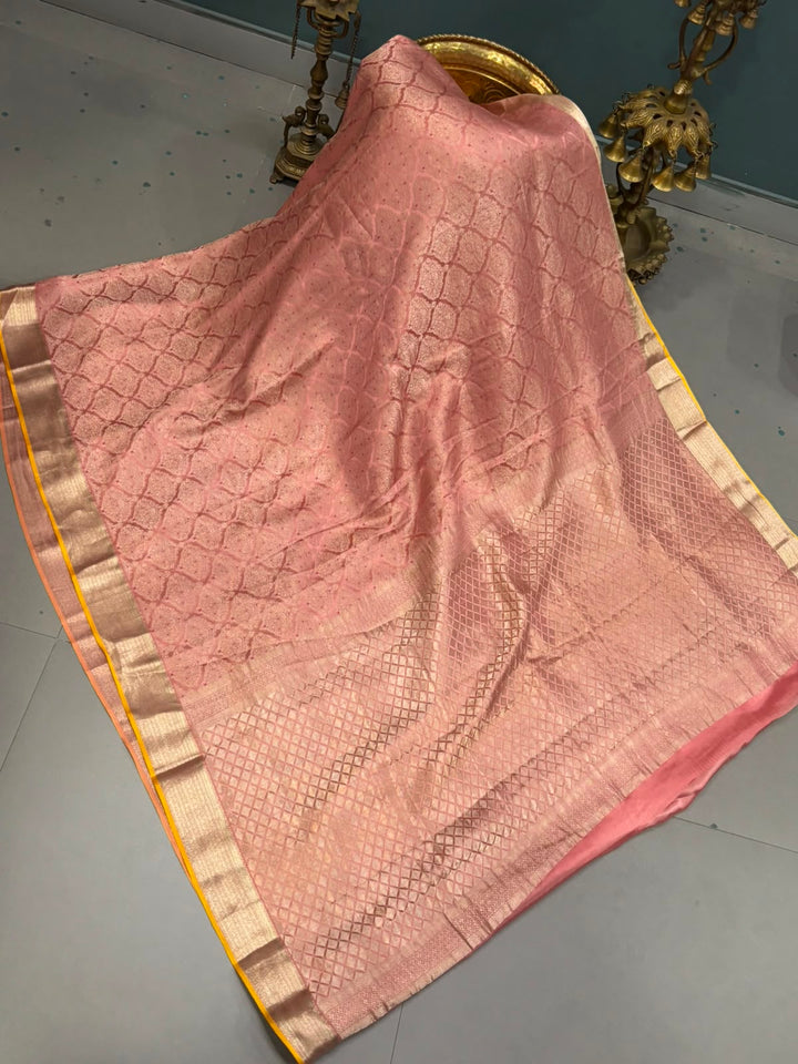 Dusty Rose Mysore Silk Saree with Meenakari Zari Brocade and Zari Border in KSIC Grade Thickness | SILK MARK CERTIFIED | SHOBITAM