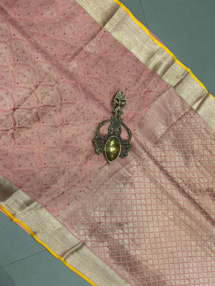 Dusty Rose Mysore Silk Saree with Meenakari Zari Brocade and Zari Border in KSIC Grade Thickness | SILK MARK CERTIFIED | SHOBITAM