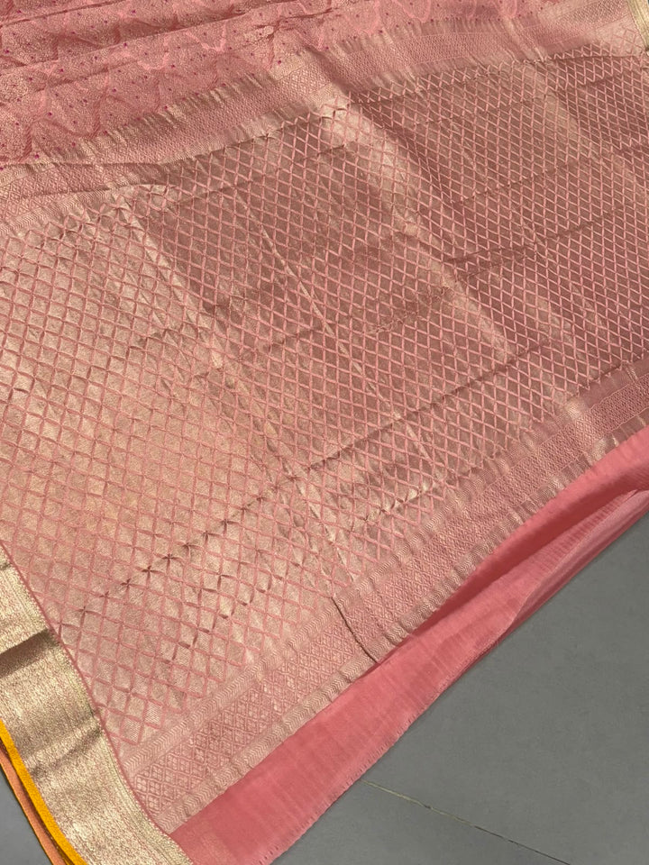 Dusty Rose Mysore Silk Saree with Meenakari Zari Brocade and Zari Border in KSIC Grade Thickness | SILK MARK CERTIFIED | SHOBITAM