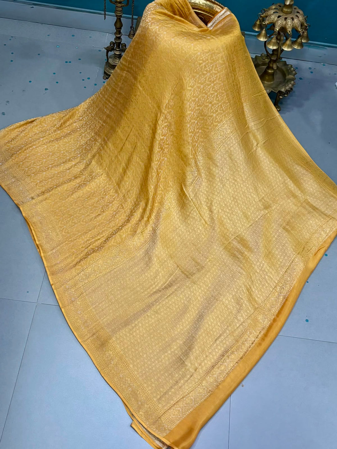 Mustard Yellow Mysore Silk Saree with Muted Gold-Silver Zari Brocade Jaal and Crinkled Blouse piece| SILK MARK CERTIFIED | SHOBITAM