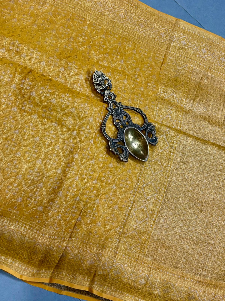 Mustard Yellow Mysore Silk Saree with Muted Gold-Silver Zari Brocade Jaal and Crinkled Blouse piece| SILK MARK CERTIFIED | SHOBITAM