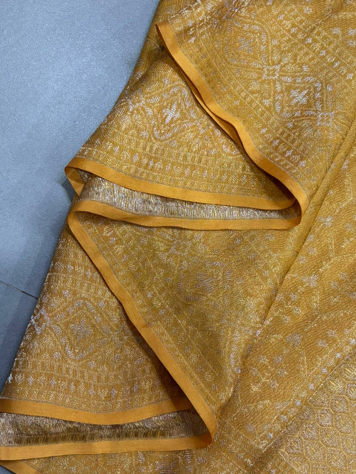 Mustard Yellow Mysore Silk Saree with Muted Gold-Silver Zari Brocade Jaal and Crinkled Blouse piece| SILK MARK CERTIFIED | SHOBITAM