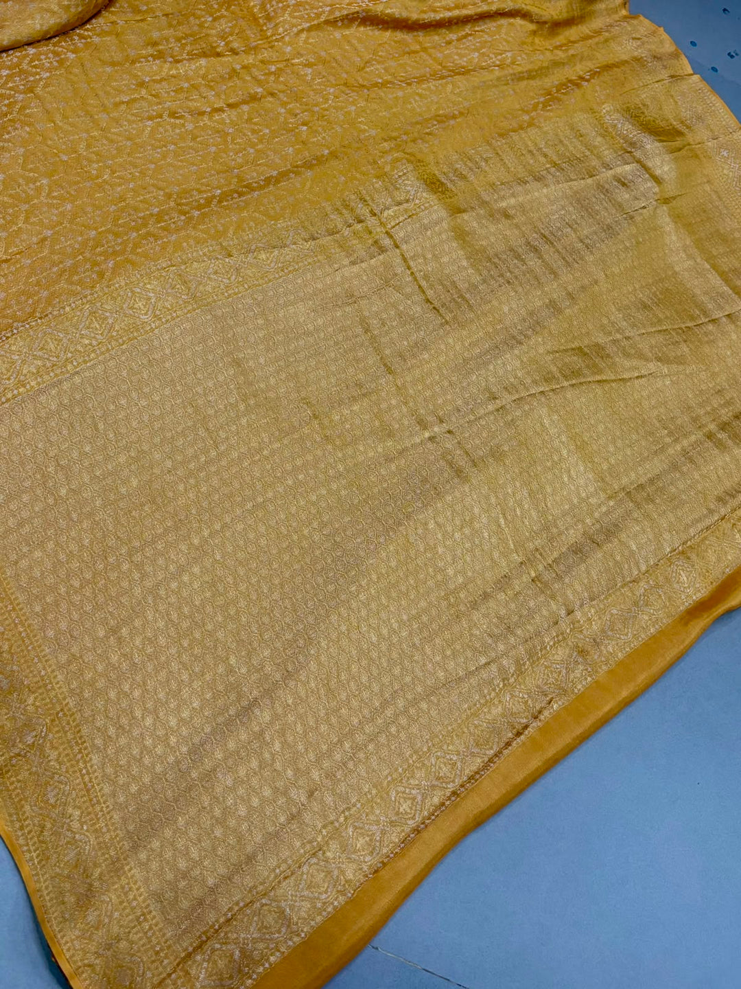 Mustard Yellow Mysore Silk Saree with Muted Gold-Silver Zari Brocade Jaal and Crinkled Blouse piece| SILK MARK CERTIFIED | SHOBITAM