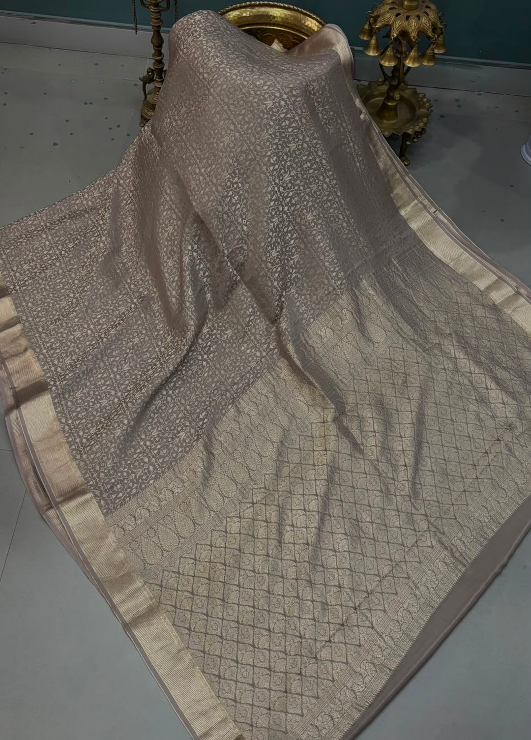 Gray Mysore Silk Saree with Silver Zari Brocade and Zari Border | SILK MARK CERTIFIED | SHOBITAM