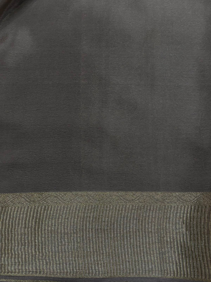 Gray Mysore Silk Saree with Silver Zari Brocade and Zari Border | SILK MARK CERTIFIED | SHOBITAM
