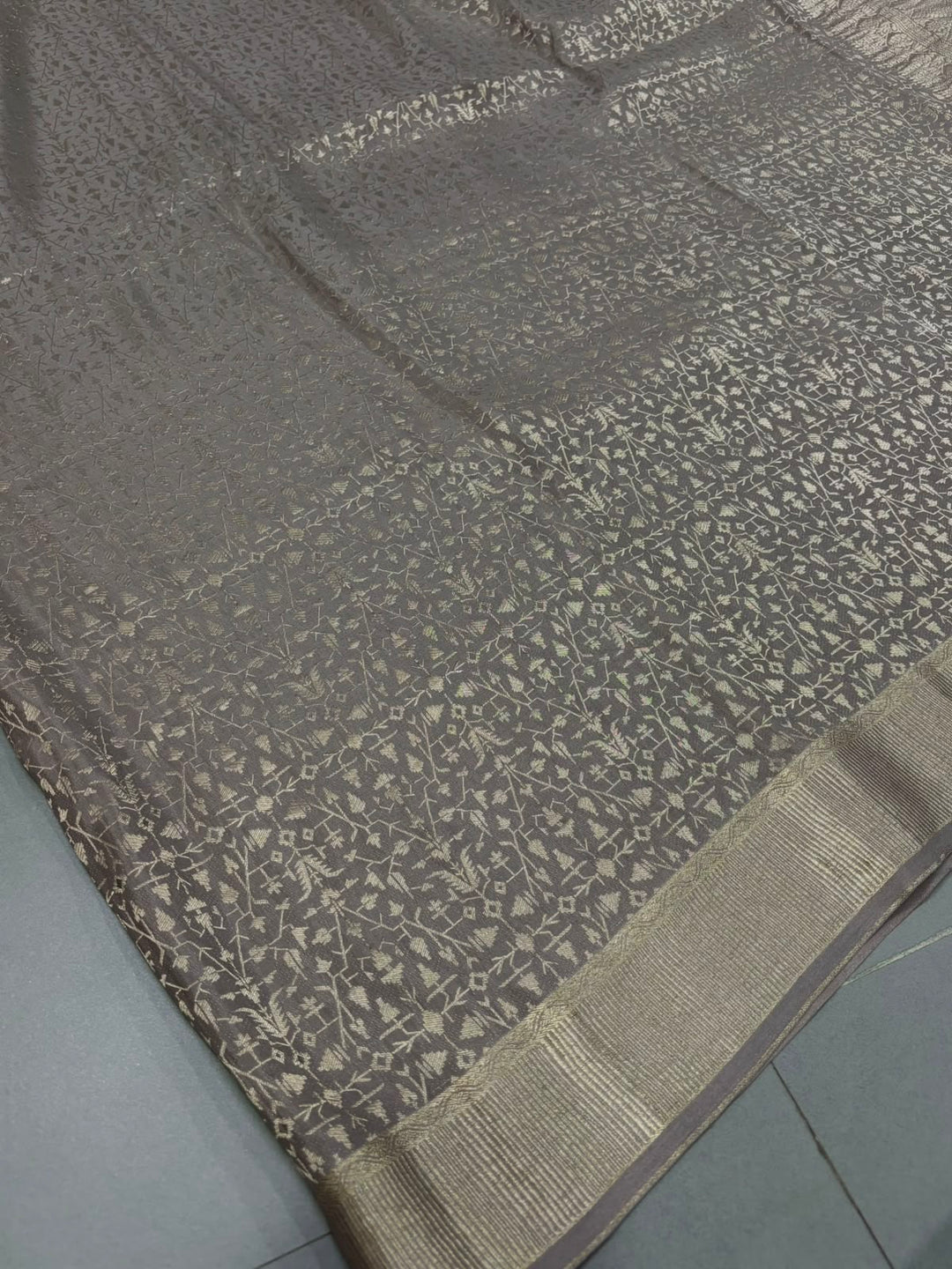 Gray Mysore Silk Saree with Silver Zari Brocade and Zari Border | SILK MARK CERTIFIED | SHOBITAM