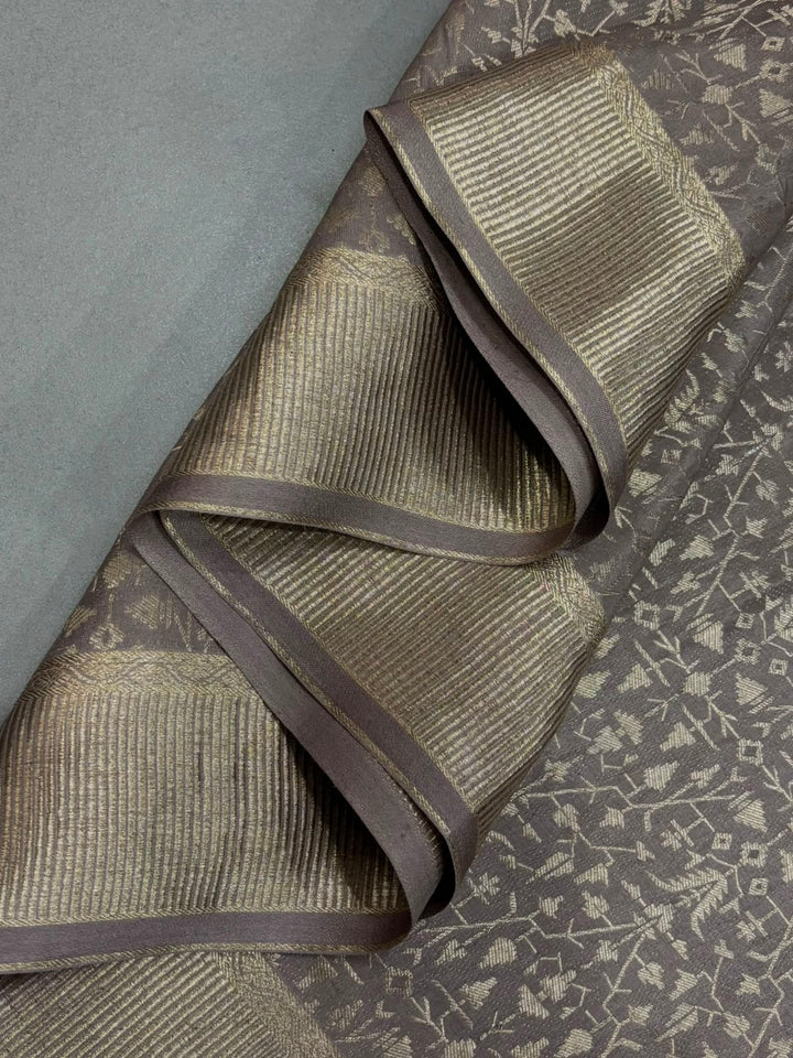 Gray Mysore Silk Saree with Silver Zari Brocade and Zari Border | SILK MARK CERTIFIED | SHOBITAM