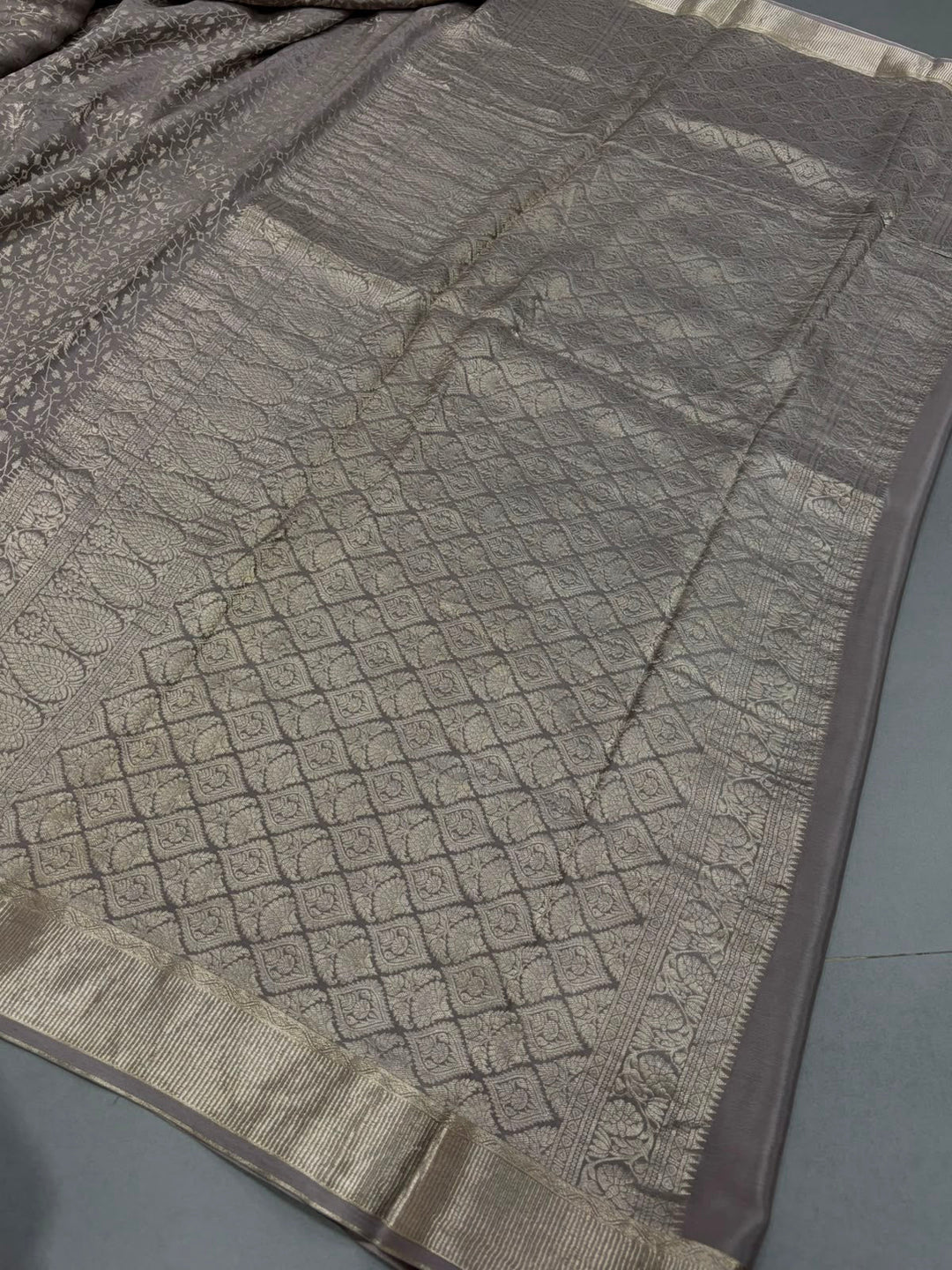 Gray Mysore Silk Saree with Silver Zari Brocade and Zari Border | SILK MARK CERTIFIED | SHOBITAM