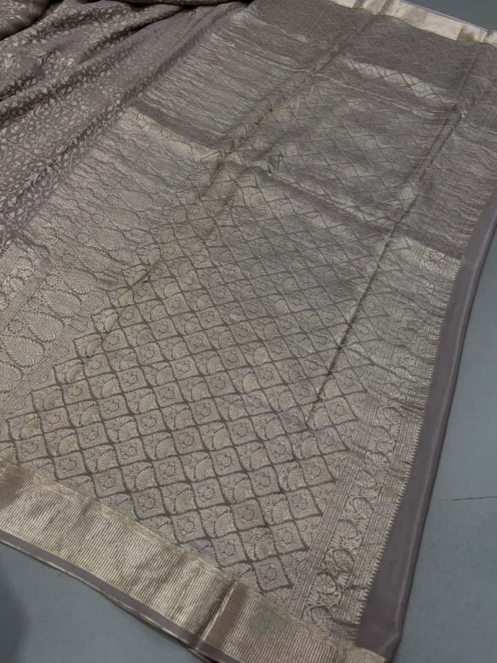 Gray Mysore Silk Saree with Silver Zari Brocade and Zari Border | SILK MARK CERTIFIED | SHOBITAM