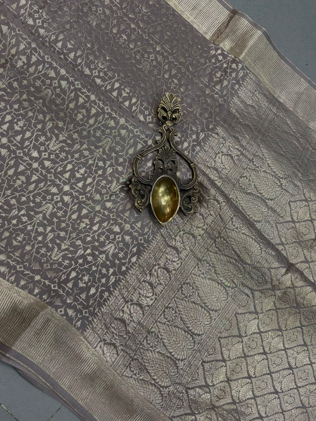 Gray Mysore Silk Saree with Silver Zari Brocade and Zari Border | SILK MARK CERTIFIED | SHOBITAM