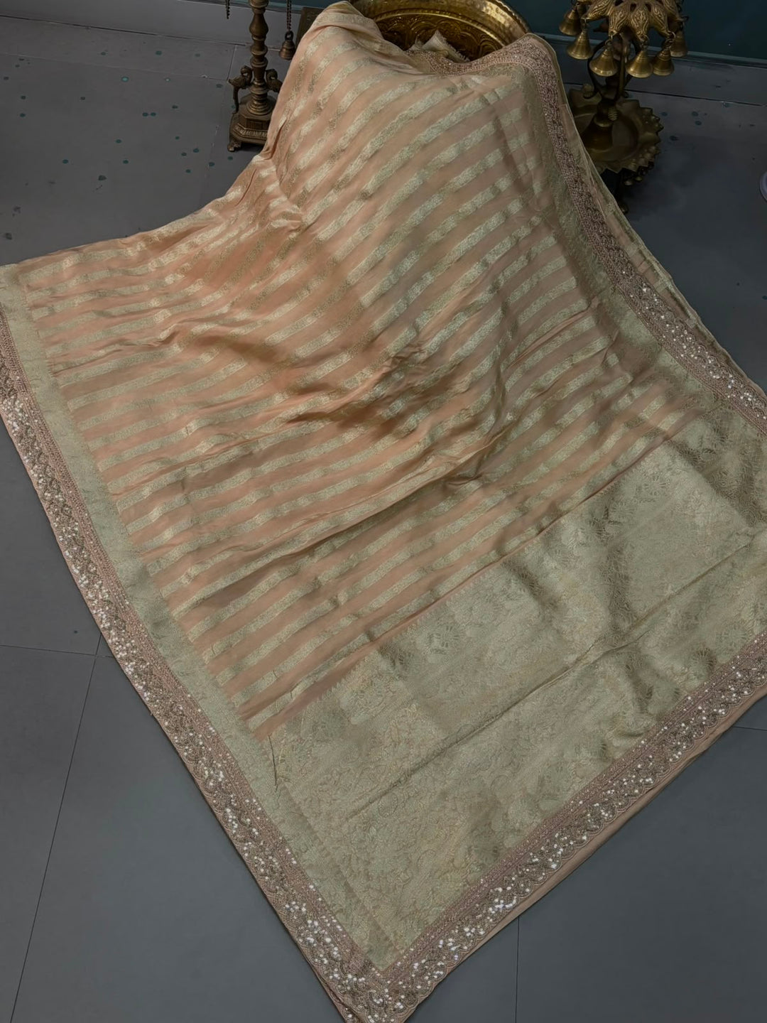 Sandalwood Viscose Saree with Zari Stripes Design and Banarasi Style Sequins Scalloped Border | SHOBITAM