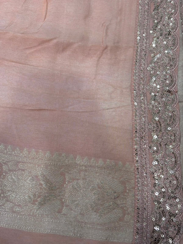 Sandalwood Viscose Saree with Zari Stripes Design and Banarasi Style Sequins Scalloped Border | SHOBITAM