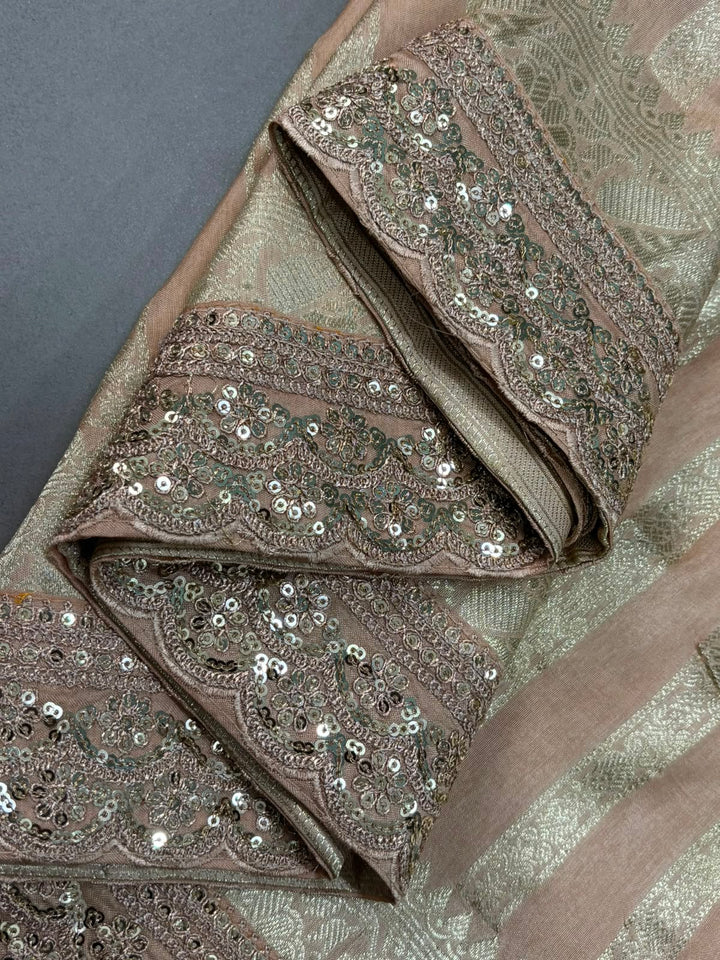 Sandalwood Viscose Saree with Zari Stripes Design and Banarasi Style Sequins Scalloped Border | SHOBITAM