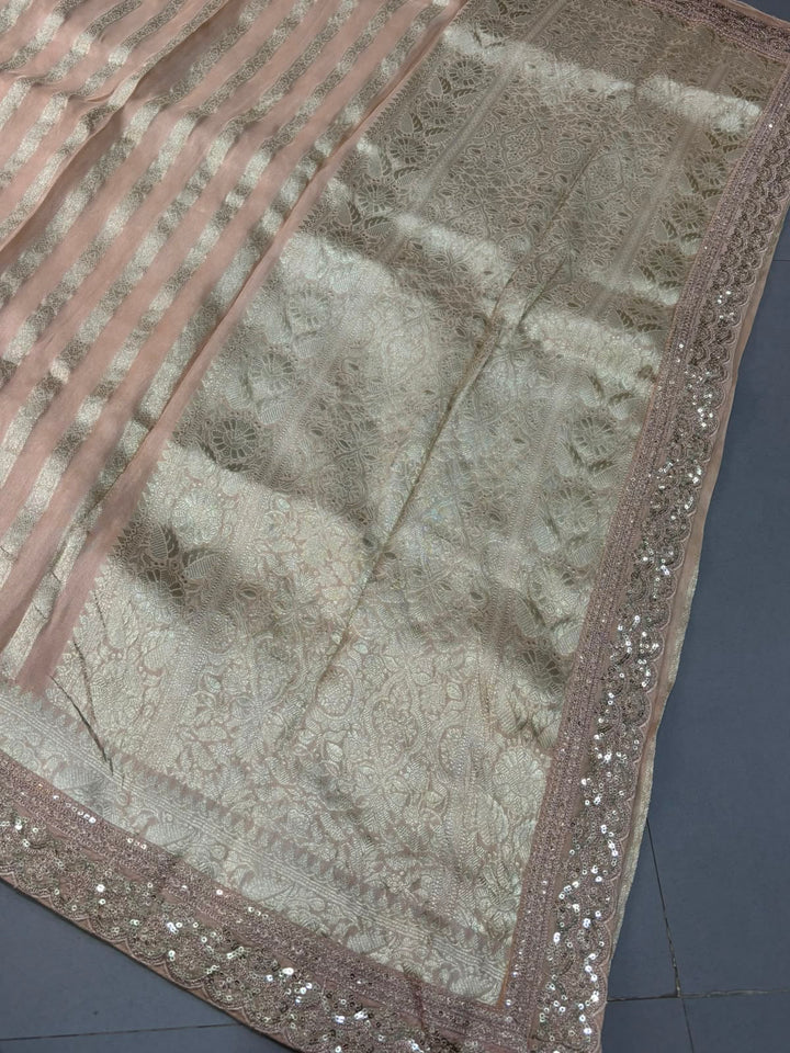 Sandalwood Viscose Saree with Zari Stripes Design and Banarasi Style Sequins Scalloped Border | SHOBITAM