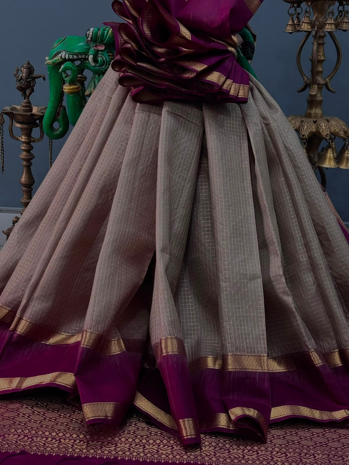 Taupe Kanjivaram Soft Silk Saree with Podi kattam-Zari Checks and Rettaipet Contrast Zari Border | SILK MARK CERTIFIED | SHOBITAM