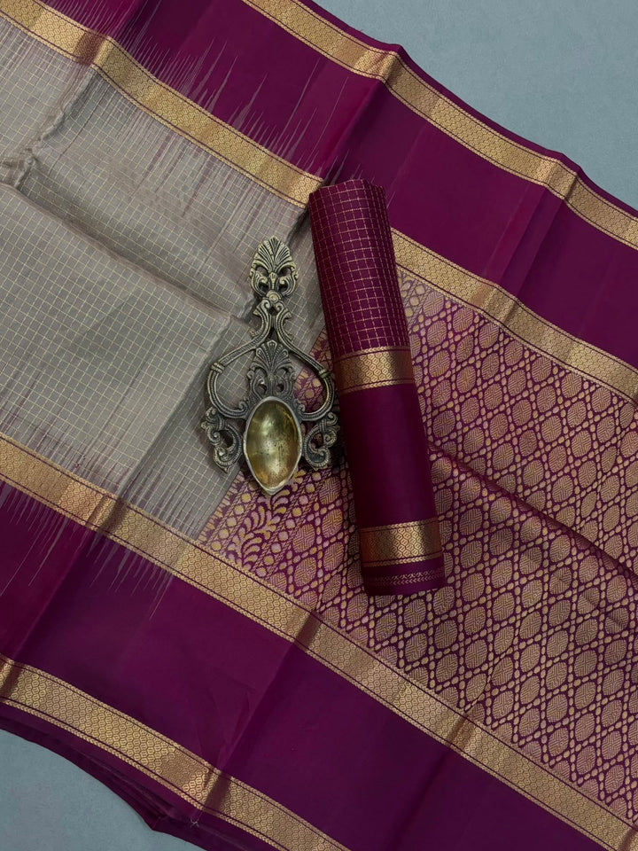 Taupe Kanjivaram Soft Silk Saree with Podi kattam-Zari Checks and Rettaipet Contrast Zari Border | SILK MARK CERTIFIED | SHOBITAM