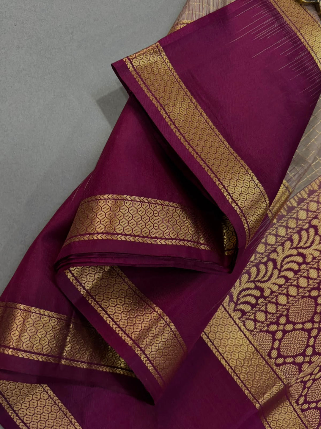 Taupe Kanjivaram Soft Silk Saree with Podi kattam-Zari Checks and Rettaipet Contrast Zari Border | SILK MARK CERTIFIED | SHOBITAM