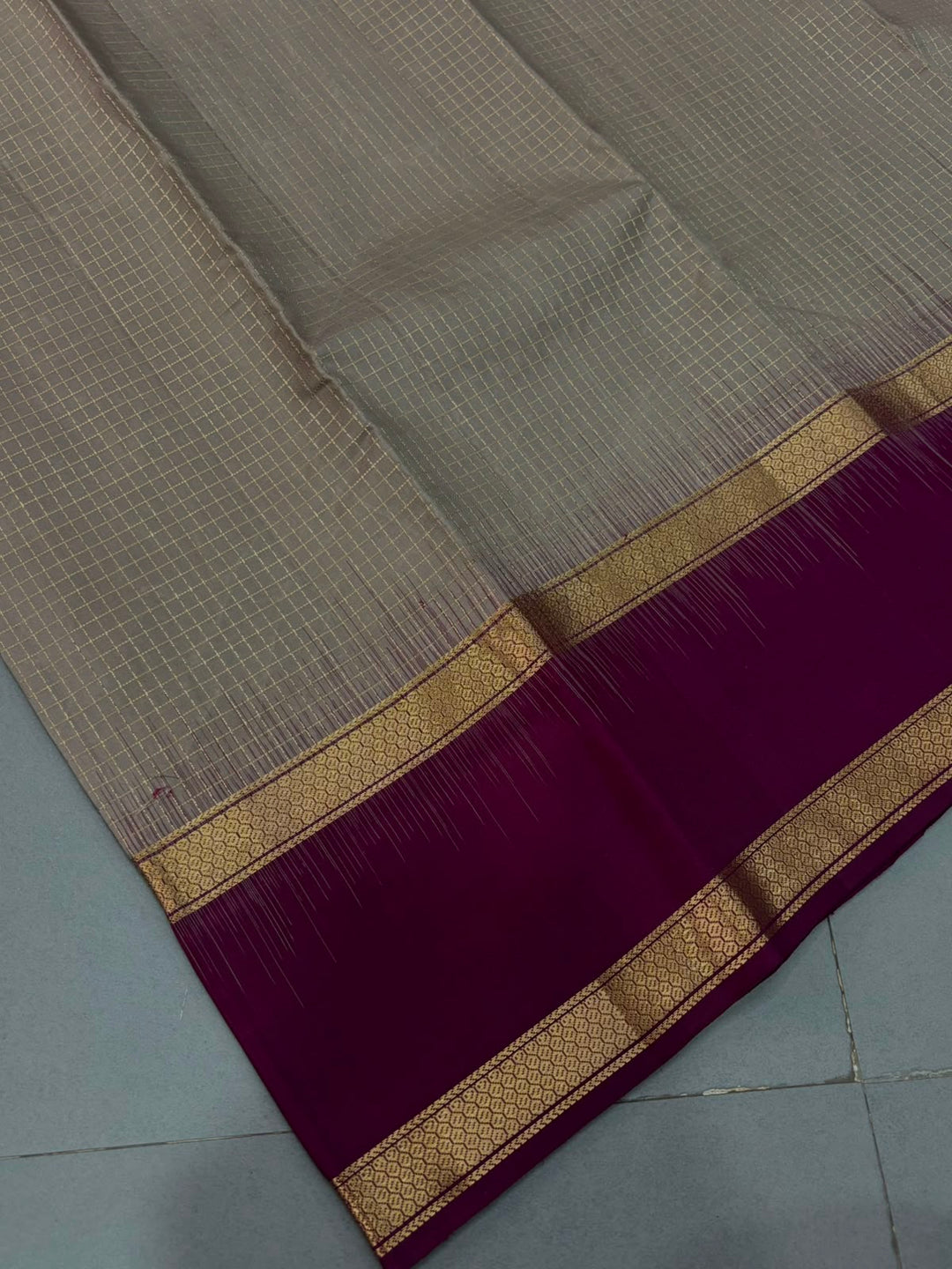 Taupe Kanjivaram Soft Silk Saree with Podi kattam-Zari Checks and Rettaipet Contrast Zari Border | SILK MARK CERTIFIED | SHOBITAM