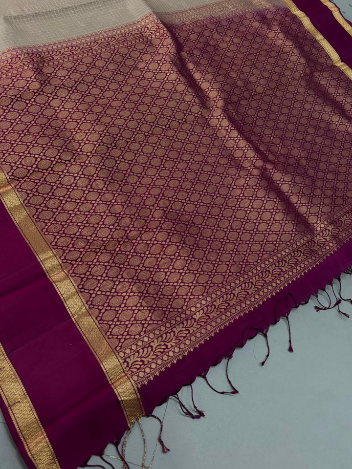 Taupe Kanjivaram Soft Silk Saree with Podi kattam-Zari Checks and Rettaipet Contrast Zari Border | SILK MARK CERTIFIED | SHOBITAM