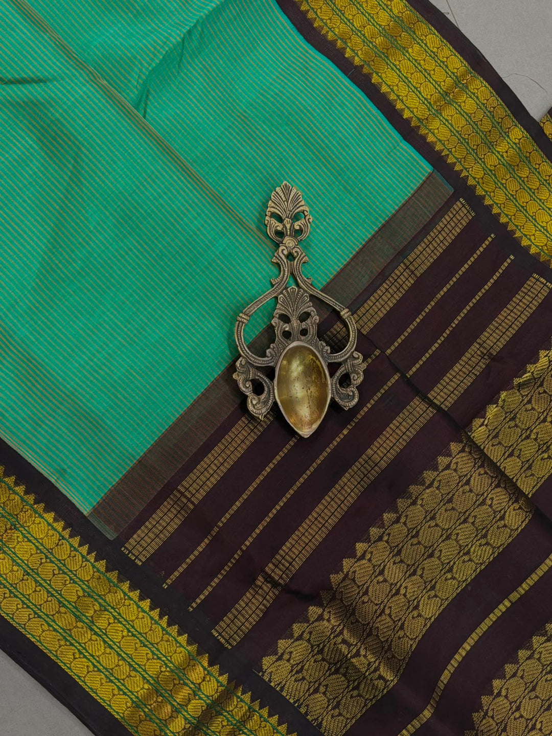 Sea Green Kanchi Silk Cotton Handloom Saree with Horizontal Stripes and Contrast Zari Border | SHOBITAM