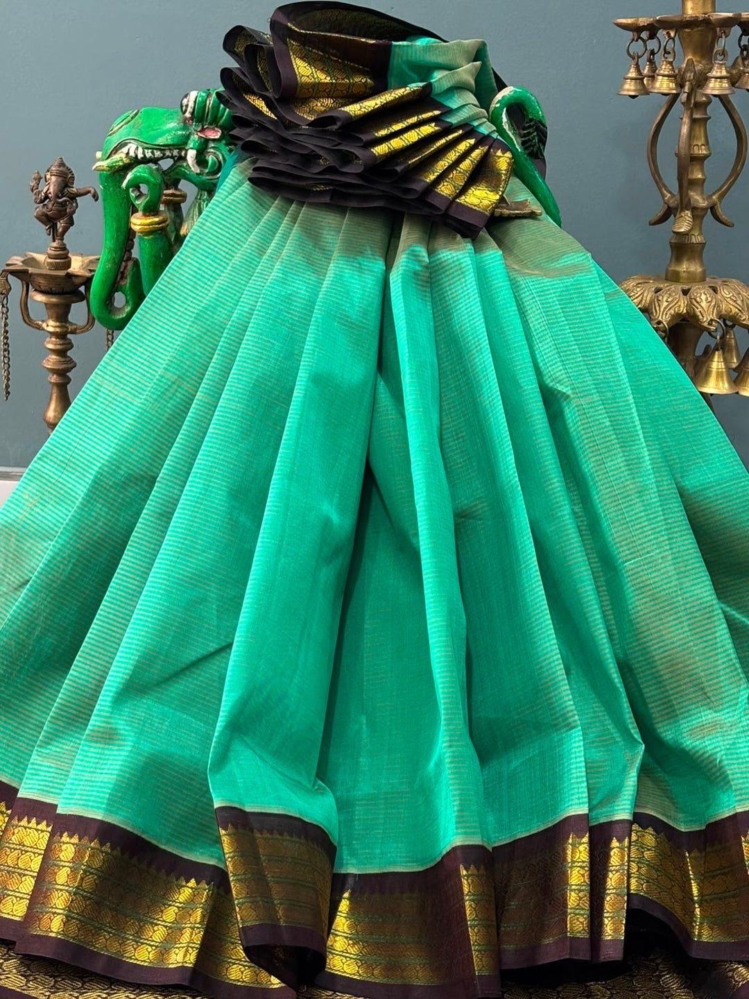 Sea Green Kanchi Silk Cotton Handloom Saree with Horizontal Stripes and Contrast Zari Border | SHOBITAM