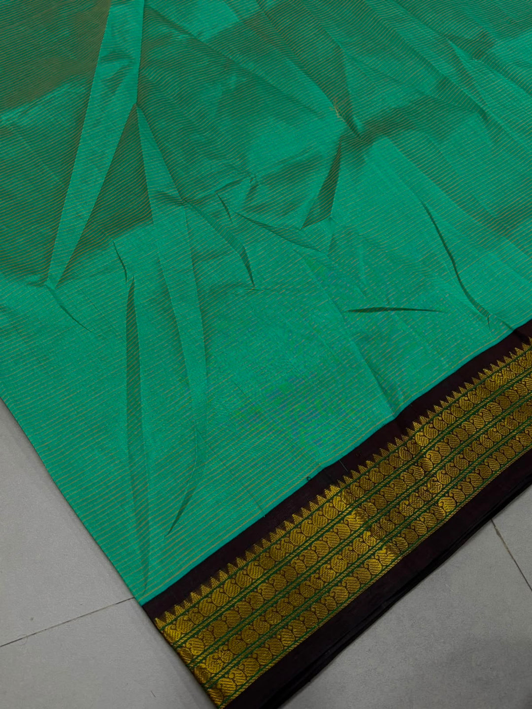 Sea Green Kanchi Silk Cotton Handloom Saree with Horizontal Stripes and Contrast Zari Border | SHOBITAM