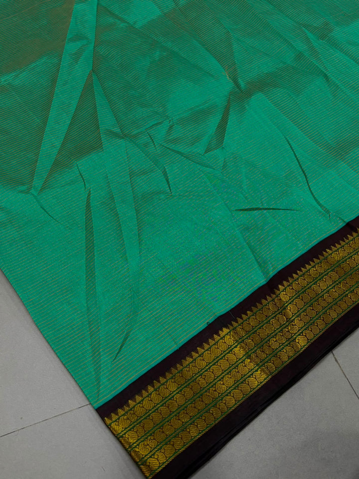Sea Green Kanchi Silk Cotton Handloom Saree with Horizontal Stripes and Contrast Zari Border | SHOBITAM