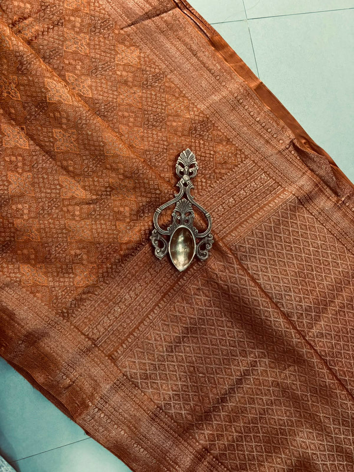 Brown Mysore Silk Saree with Floral Zari Brocade and Zari Border | SILK MARK CERTIFIED | SHOBITAM