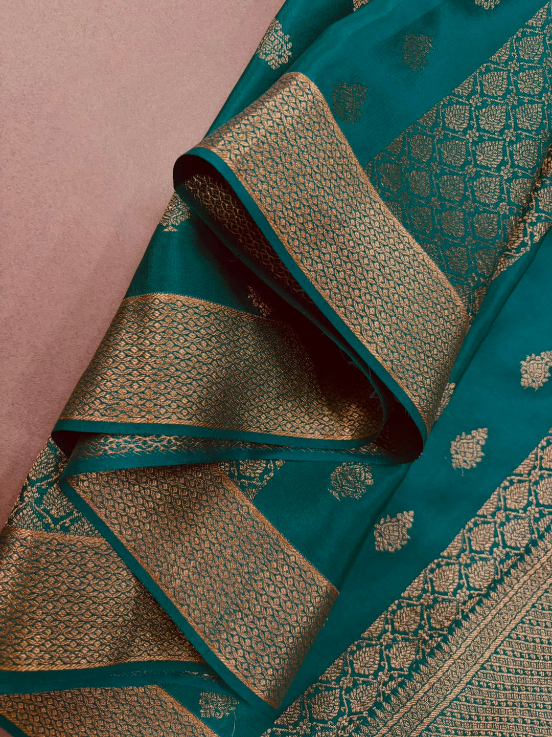 Rama Green Mysore Silk Saree with Brocade-Zari Buttas Grid Design and Minimal Zari Border | SILK MARK CERTIFIED | SHOBITAM